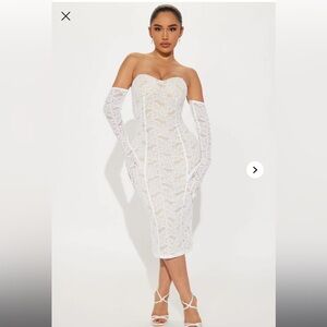 Fashion Nova White Lace Midi Dress with Gloves